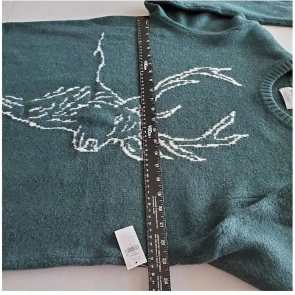 NWT Old Navy Reindeer Crewneck Sweater Dark Green Sz L Holiday Winter Cozy Cabin - Picture 5 of 8